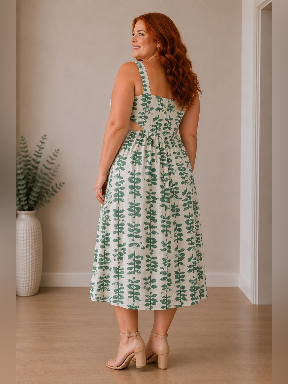 Green Leaf Print Sleeveless Dress